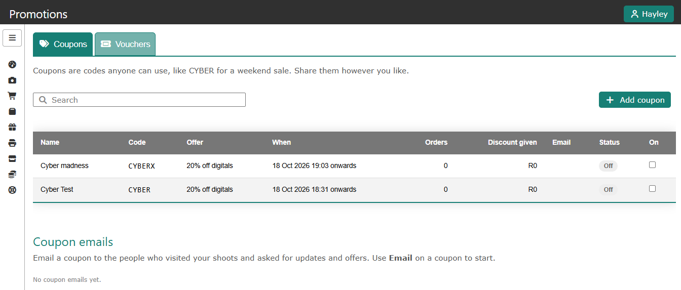 The Promotions page showing the Coupons and Vouchers tabs and a list of coupons