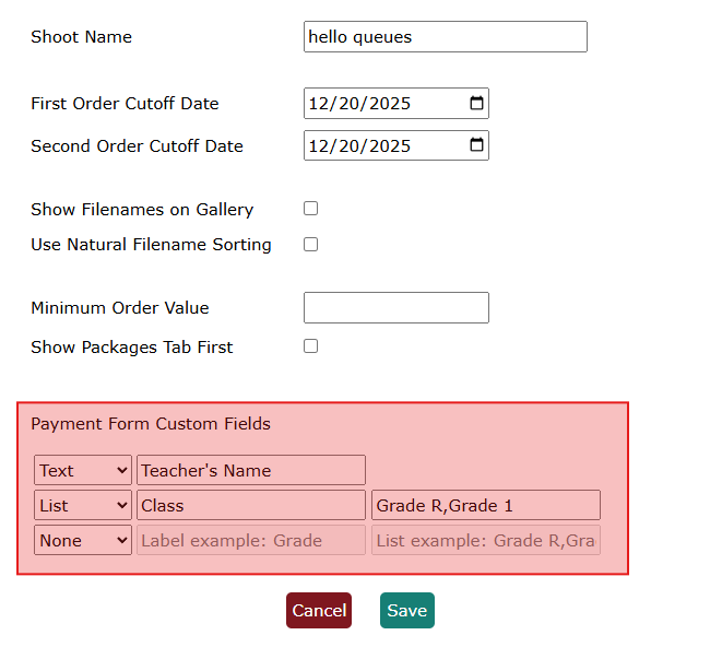 Shoot settings custom fields